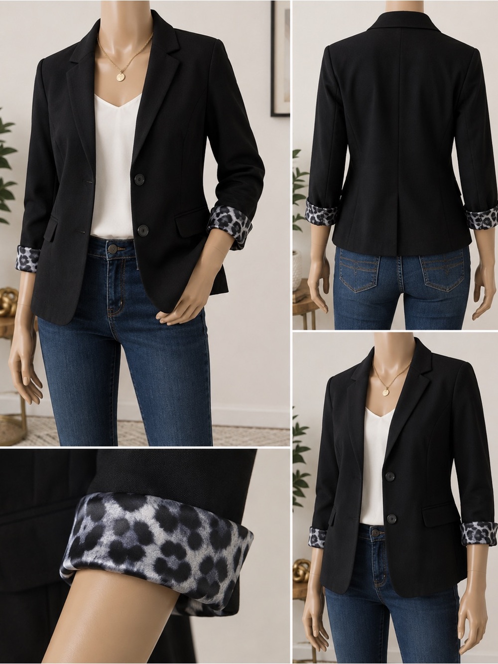 Chico’s Black Blazer Size 1 8/10 Animal Print Lined Two Button Career Jacket